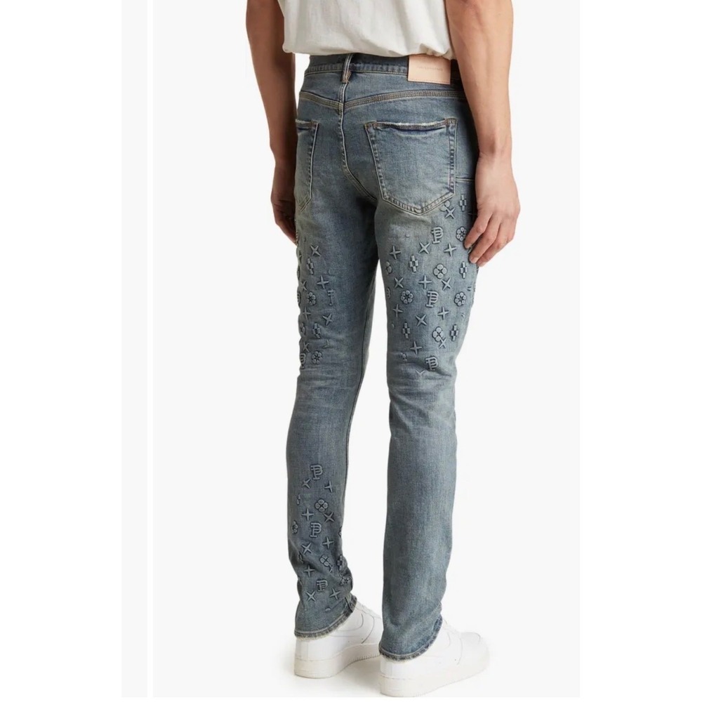 Purple Brand P001‎ Low Rise Slim Jeans Lt Indigo 3D Embossed Monogram Button Fly - Picture 15 of 16